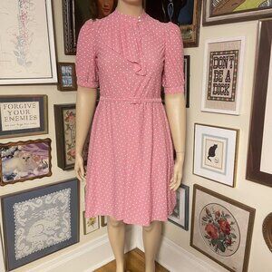 80s Vintage Pink Polka Dot Short Sleeve Dress W/ Belt & Ruffle Detail Size L
